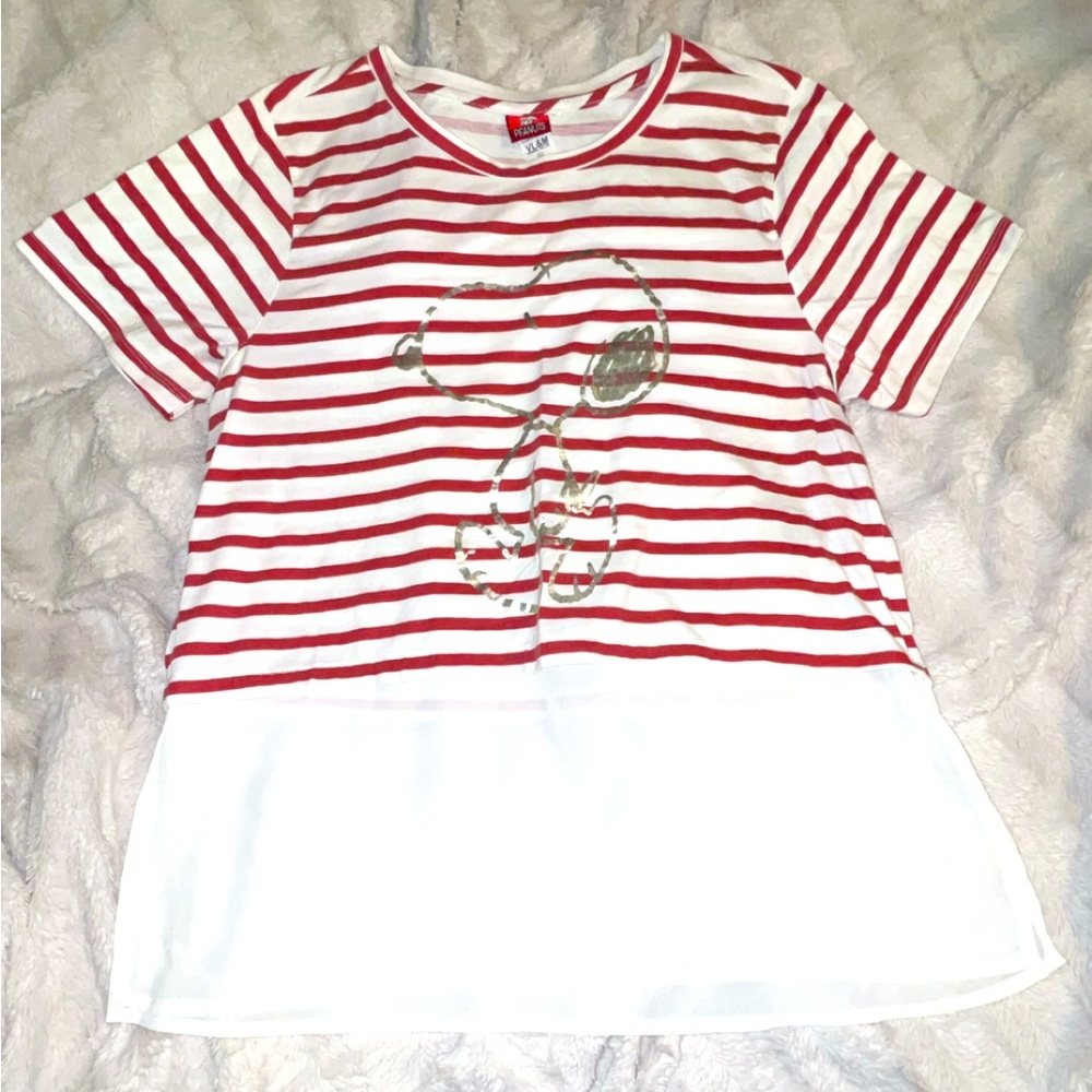 Peanuts Red and White Striped Tee with Silver Snoopy XXL
